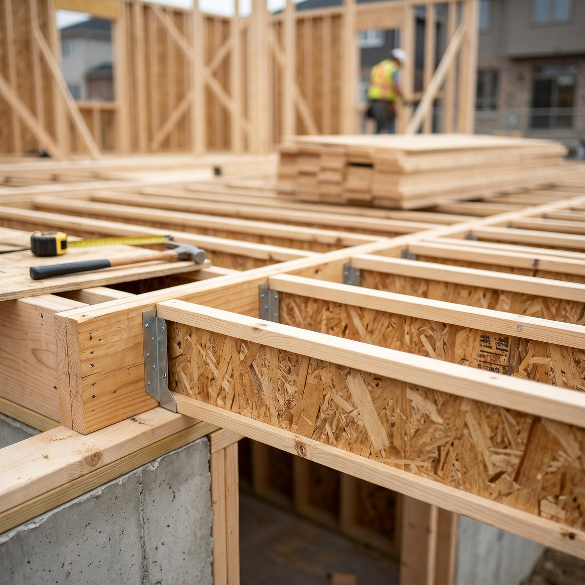 Engineered I-joists installed in floor framing