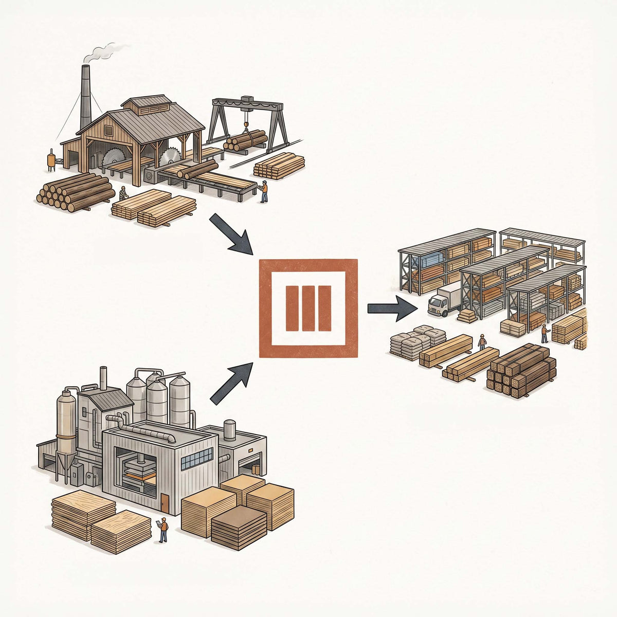 Illustration of lumber mills and engineered wood plants supplying 3Wood and its distribution yards